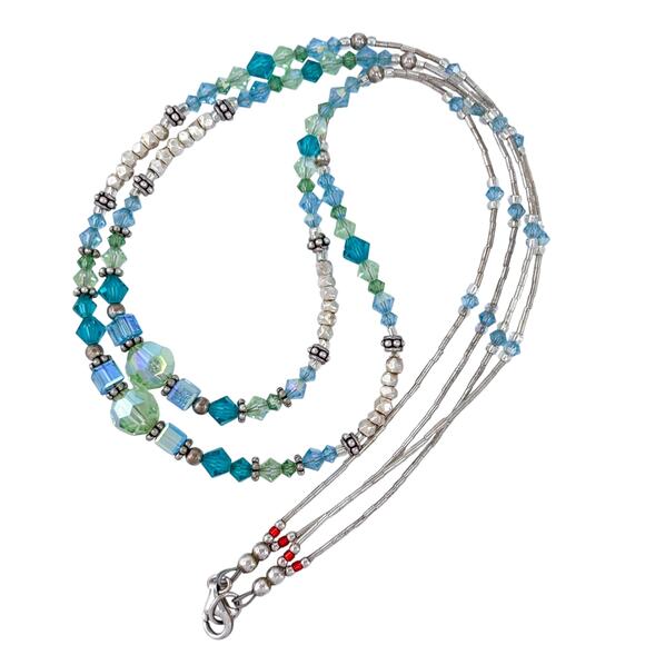 Estate Artisan Sterling Silver 925 Blue Green Crystal Beaded Necklace 16.5" - Picture 4 of 6